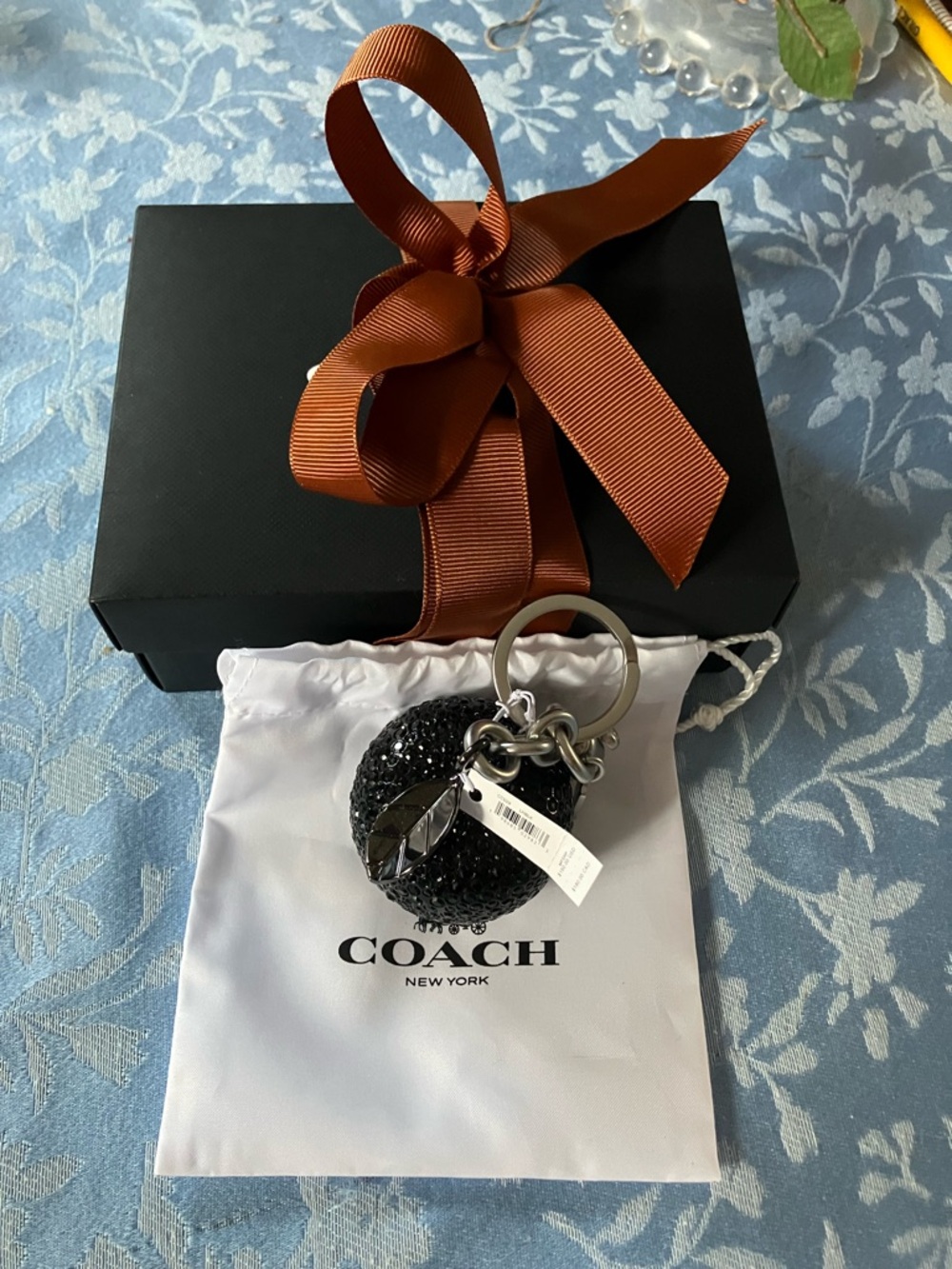 COACH Black Crystal Apple Charm with Silver Hardware NWT
